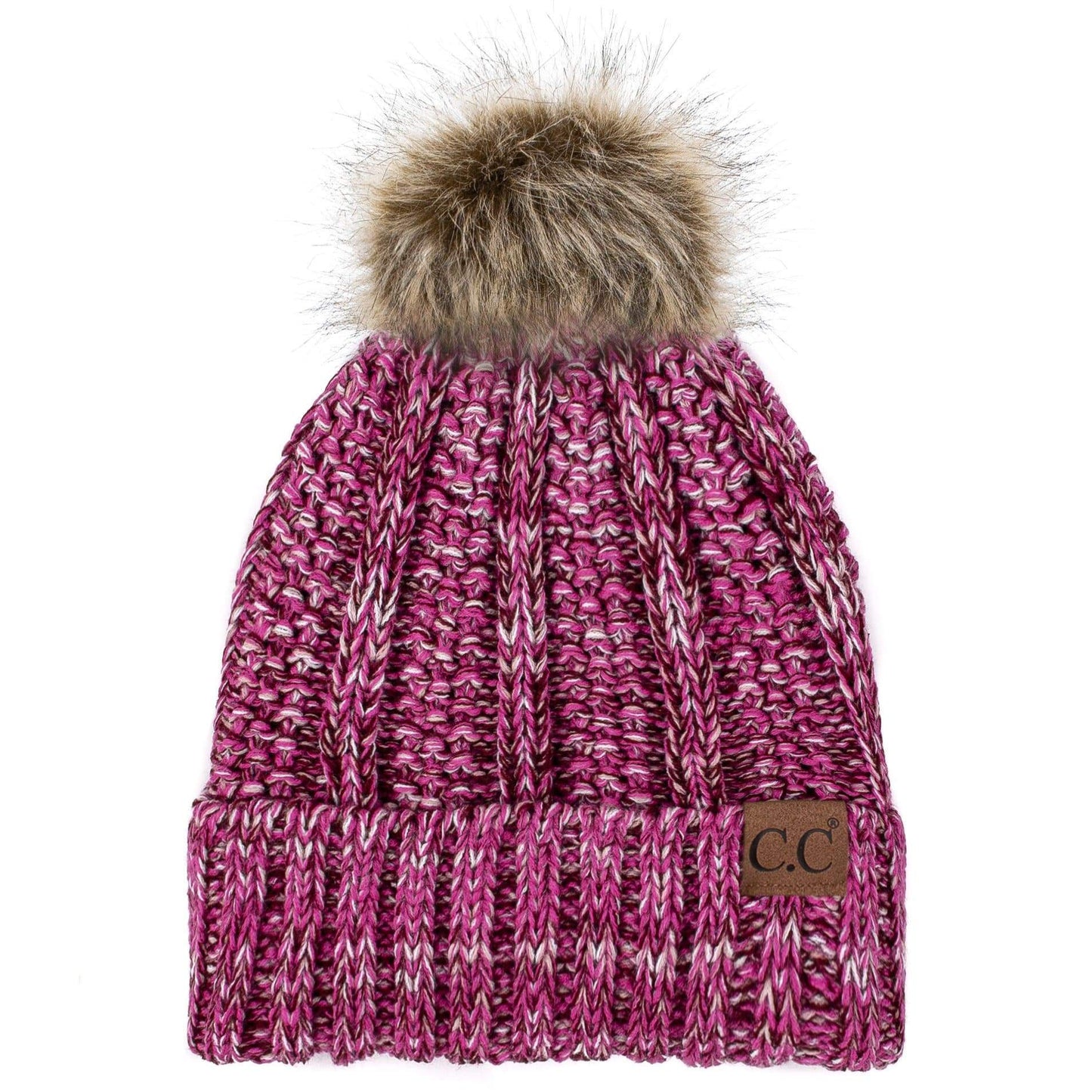 C.C Apparel C.C YJ820 - Thick Cable Knit Hat Faux Fur Pom Pom Fleece Lined Mixed Skull Cap Cuff Beanie