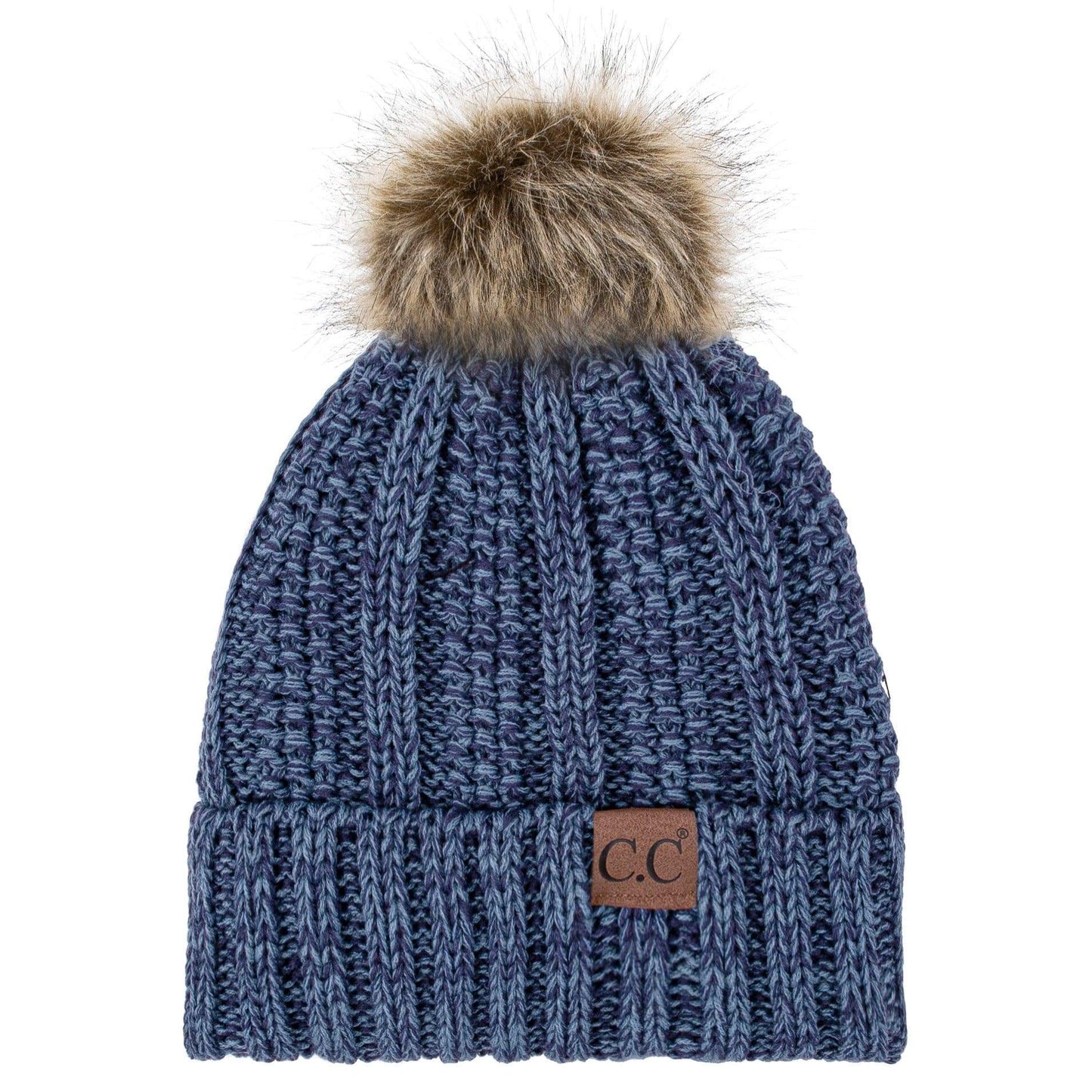 C.C Apparel C.C YJ820 - Thick Cable Knit Hat Faux Fur Pom Pom Fleece Lined Mixed Skull Cap Cuff Beanie