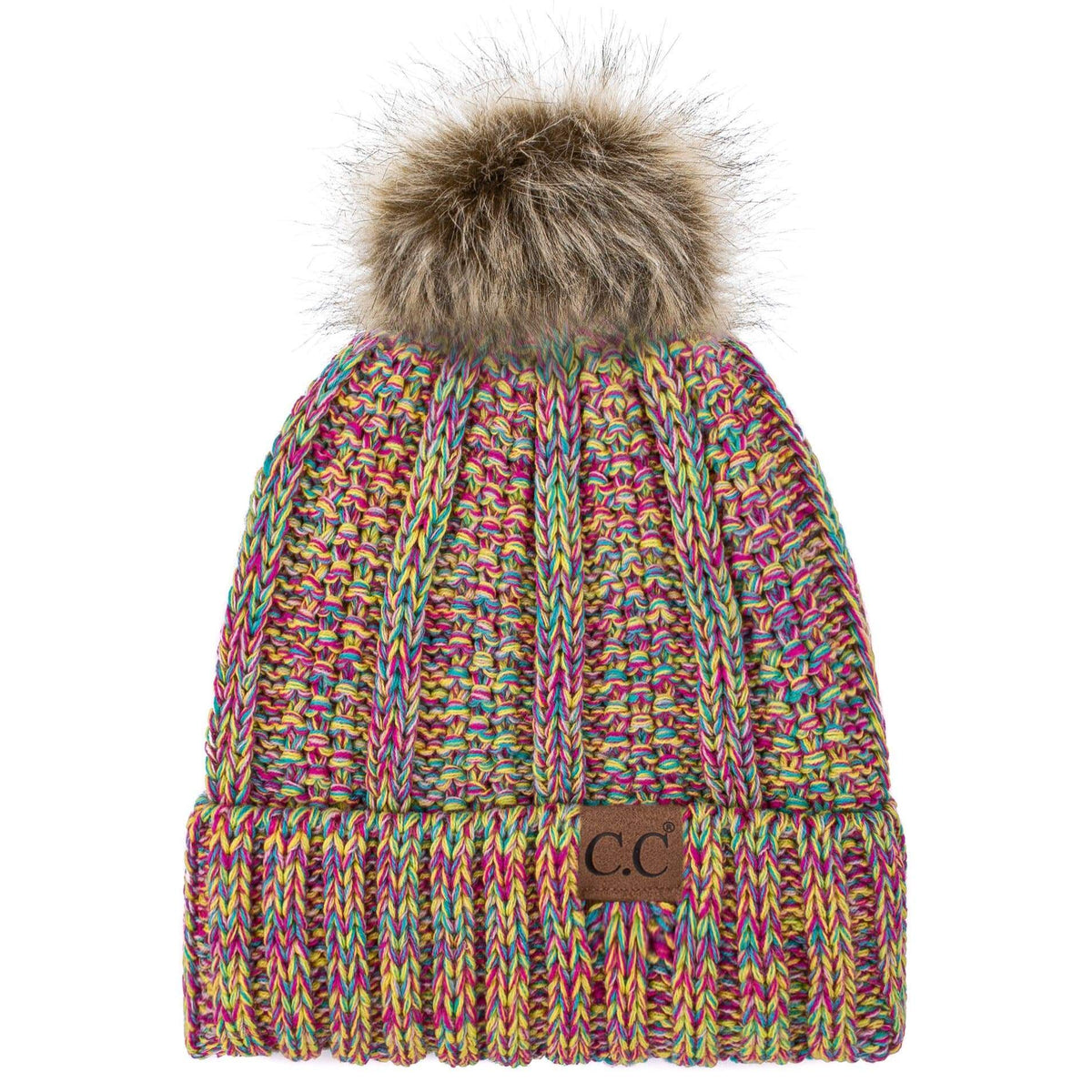 C.C YJ820 - Thick Cable Knit Hat Faux Fur Pom Pom Fleece 