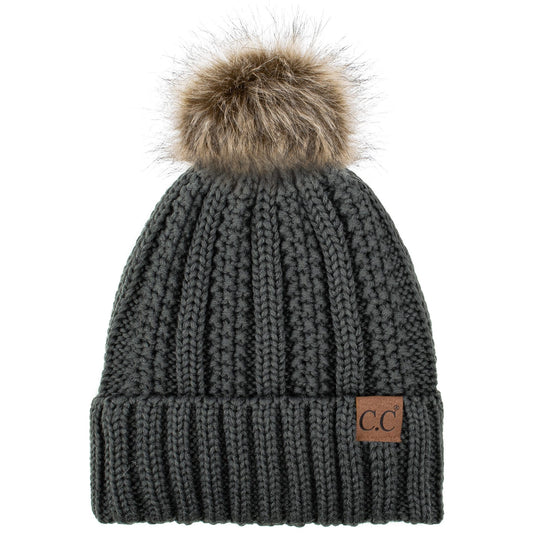 C.C Apparel C.C YJ820 - Thick Cable Knit Hat Faux Fur Pom Pom Fleece Lined Skull Cap Cuff Beanie