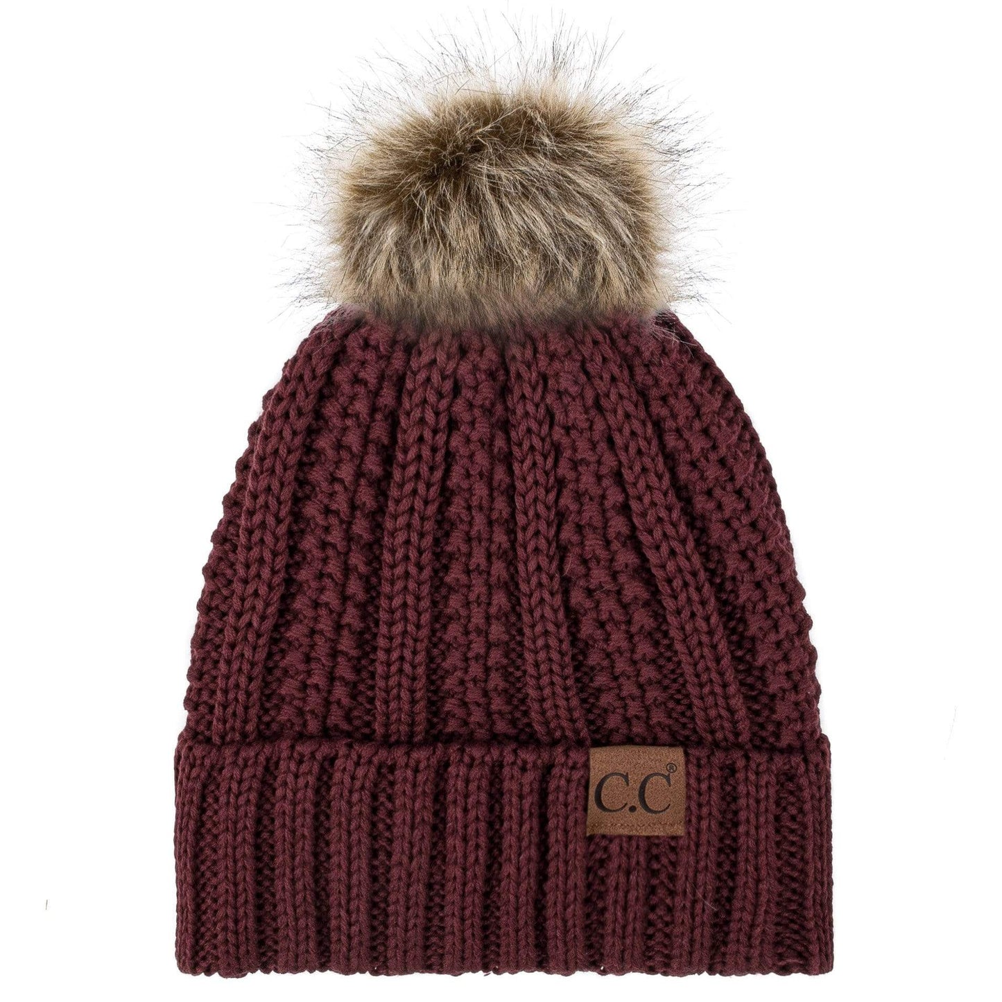 C.C Apparel C.C YJ820 - Thick Cable Knit Hat Faux Fur Pom Pom Fleece Lined Skull Cap Cuff Beanie