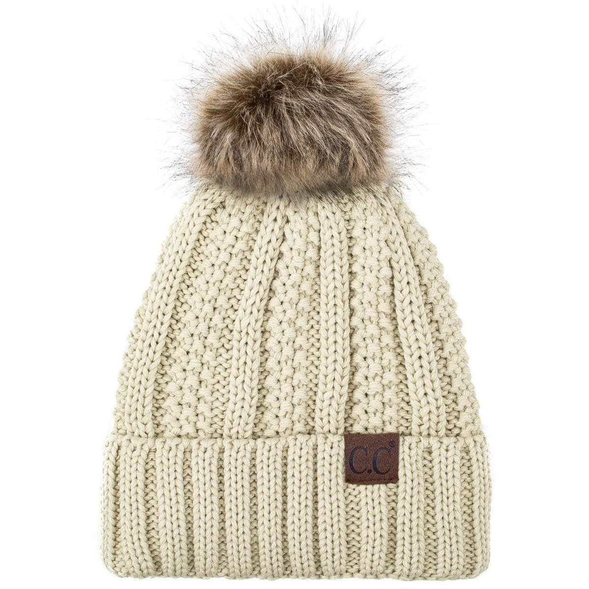 Thick Cable Knit Fleece Lined Skull Cap Beanie Faux Fur Pom Y2K Chic C.C YJ820 - Thick Cable Knit Hat Faux Fur Pom Pom Fleece  main image 3