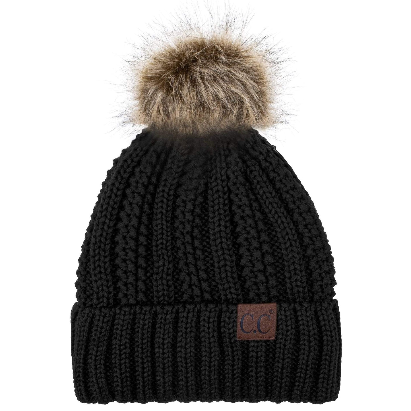C.C Apparel C.C YJ820 - Thick Cable Knit Hat Faux Fur Pom Pom Fleece Lined Skull Cap Cuff Beanie